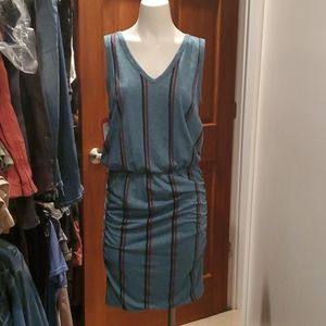 SUNDRY teal dress w/ navy, burnt orange stripe